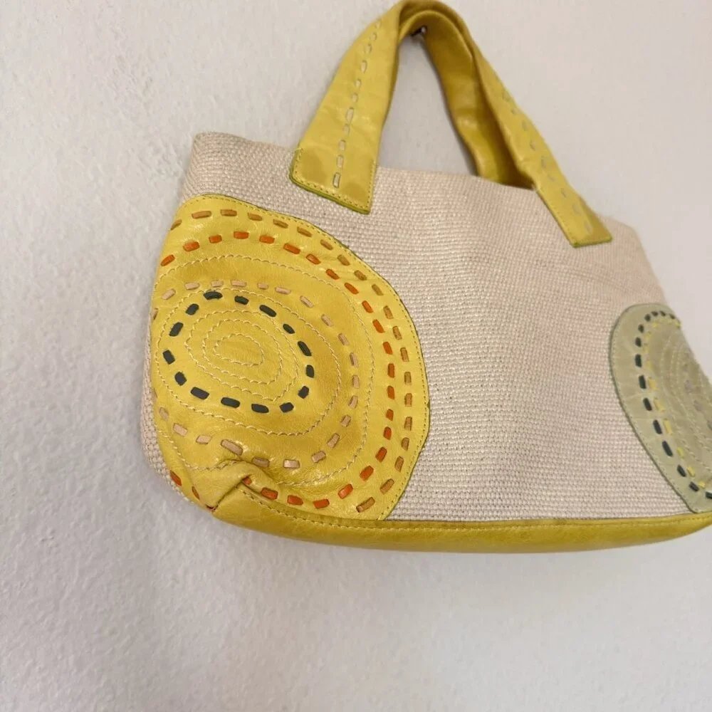 RADLEY STUNNING WOVEN CONTRAST YELLOW LEATHER GREEN STITCH TRIM TOP HANDLE TOTE